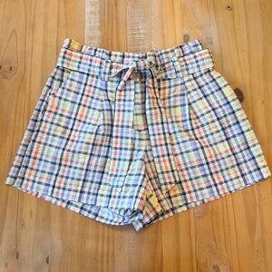 LOFT Plaid Belted Paper Bag Shorts Preppy Womens XS Pleated Seersucker
